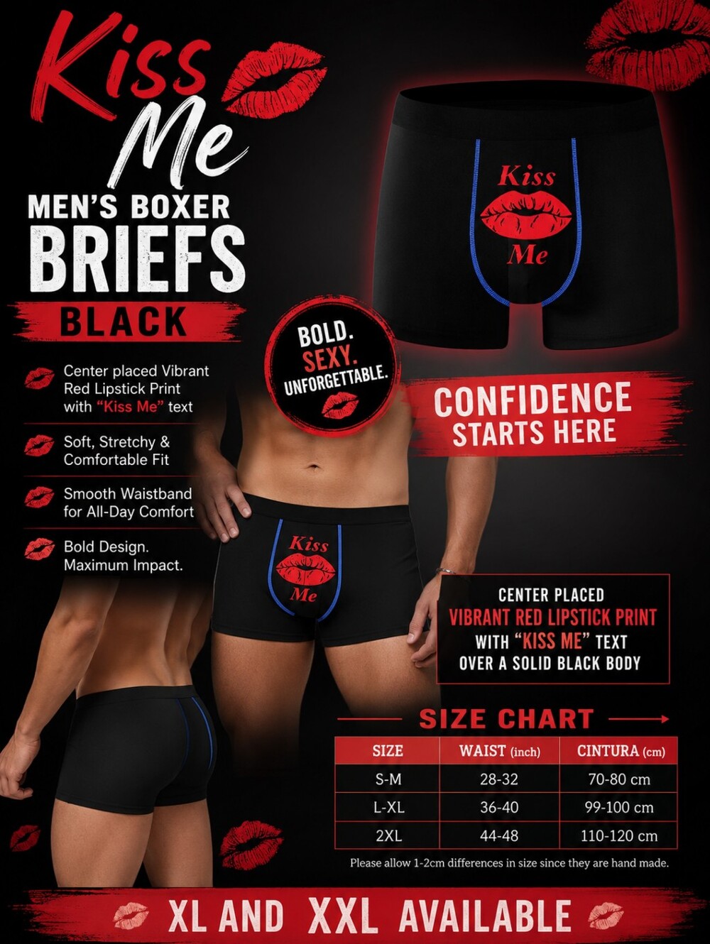 Men's L/XL & XXL Kiss Me Black Boxer Briefs